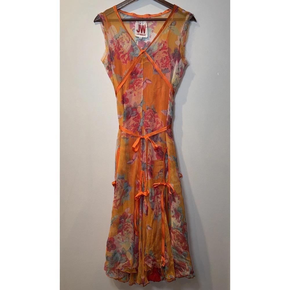 JOHNNY WAS 100% Silk Maxi Dress Sz S Orange Floral Tiered Lined Boho Ribbon Slip